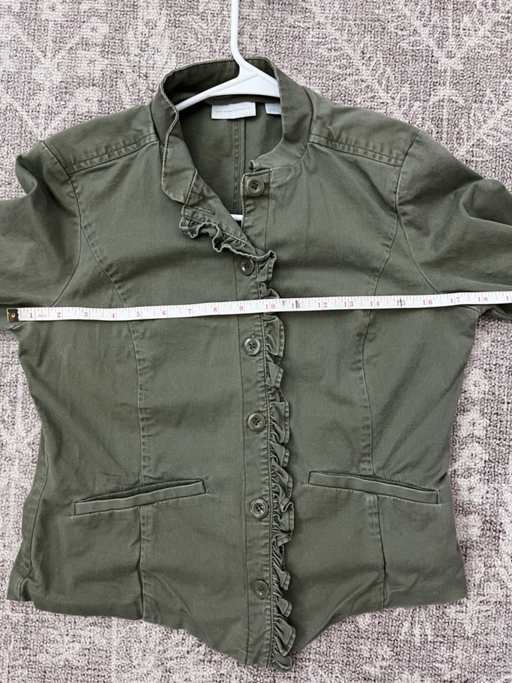 New York & Company Olive Green stretch Utility Jacket with Ruffle Trim - Picture 6 of 7